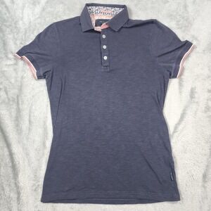 Ted Baker Polo Shirt Womens Size 2 Navy Blue Pink Trim Short Sleeve Casual Modal
